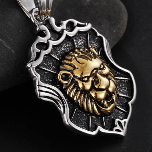 For Mens Necklace 316L Stainless Steel Large Vintage Black gold shield Lion Pendant 22'' chain