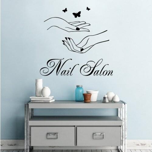 Nail Salon Wall Window Wall Sticker Woman Hands With Butterfly Wall Decal Nail Shop Wall Decor Manicure Logo Design Mural AY1385