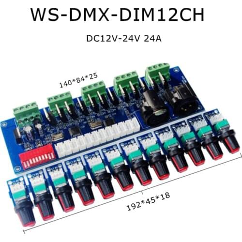 New knob WS-DMX-DIM12CH DMX 512 Decoder DC12V-24V 12 channel 4 Groups 12CH*2A 24A Dimmer XRL 3P RJ45 Controller