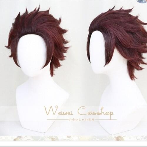 Demon Slayer: Kimetsu no Yaiba Tanjiro Kamado Short Chestnut Brown Heat Resistant Hair Cosplay Costume Wig + Wig Cap