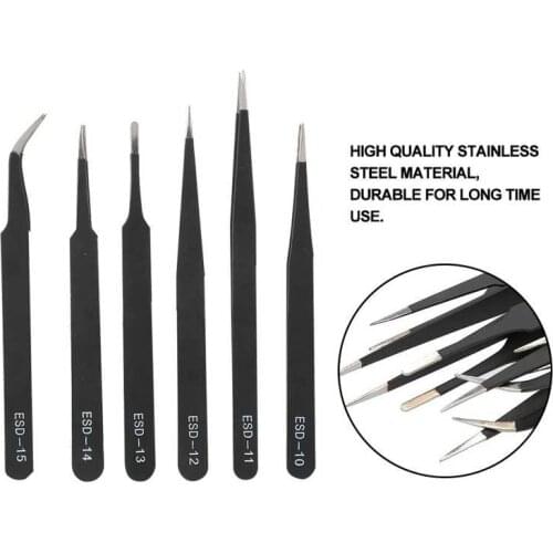 6Pcs Anti-static ESD Stainless Steel Tweezers Maintenance Tools Industrial Precision Curved Straight Tweezers Repair Tool