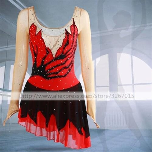 Figure Skating Dress Womens Girls' Ice Skating Competition Dress Acrobatic roller skating Performance clothes Red long sleeve