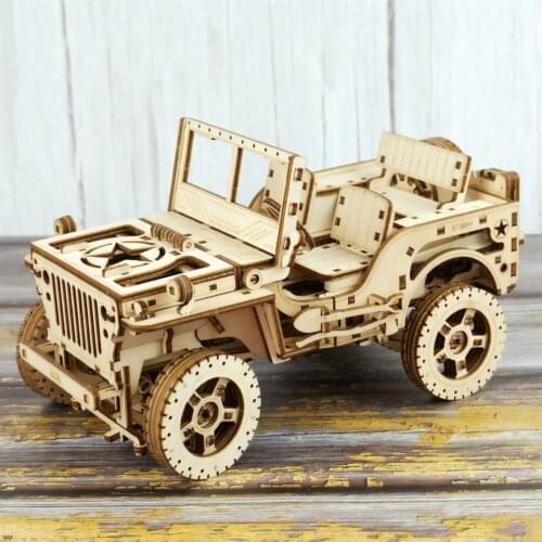 DIY 1:65 4WD Jeep Wooden Stereo Assembled Model Assembly Mechanical Toy