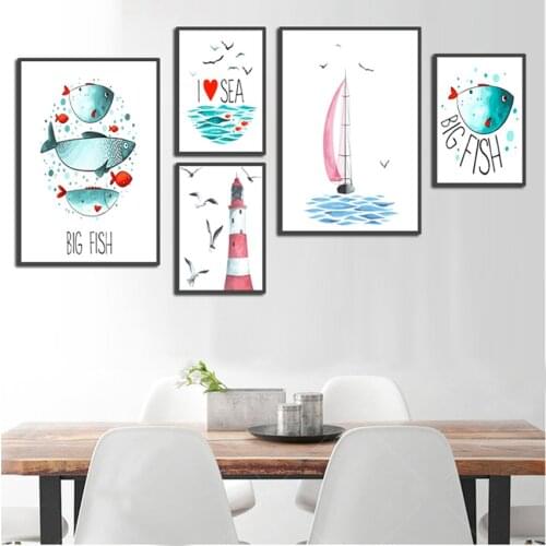 SVITY Fish Sailing Sea Landscape Nordic Poster Canvas Painting Wall Art Print Watercolor Pictures For Living Room Decor FA680