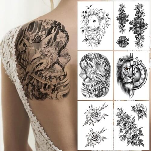 Fox Flower Temporary Tattoo For Women Men Adult Seord Lion Compass Tattoos Sticker Bow Lace Fake Peony Back Tatoos Transferable