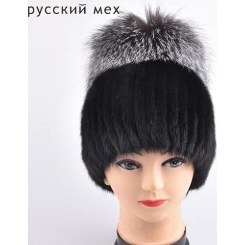 Women Real Mink Fur Beanies for Winter Newest 2018 Hats With Luxury Pompom Fox Fur Cap Hats Knit Hat Female Hat Genuine Mink Fur