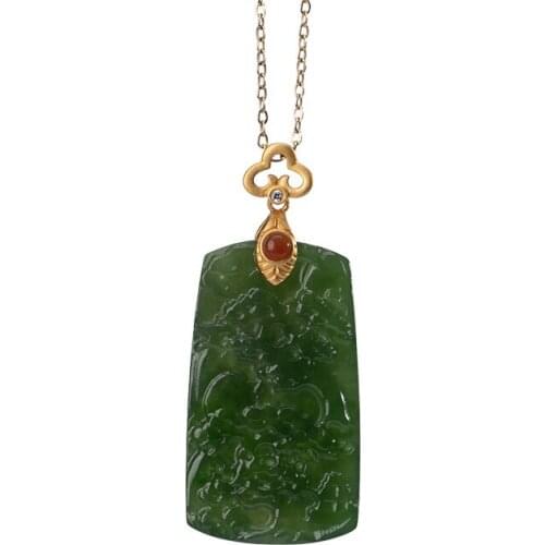 S925 sterling silver gold-plated natural Hetian jade pendant retro elegant Chinese style landscape Lady pendant