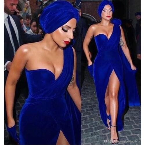 Royal Blue Evening Dresses 2019 One Shoulder High Slit Floor Length Velvet Formal Prom dress Red Carpet Gowns robe de soiree