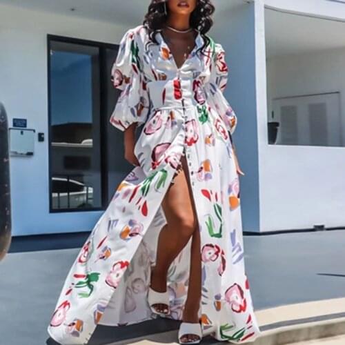 Autumn Women Fashion Pattern Printed Retro Party Dress 2021 Spring Deep V Neck Slit Long Dresses Lady 3/4 Puff Sleeve Maxi Dress