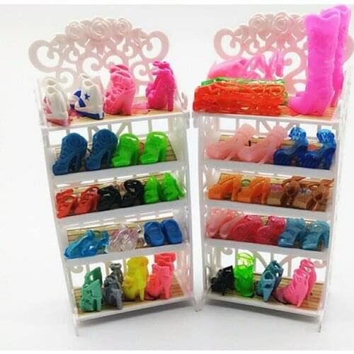 1x Plastic 5 Layers White Doll Shoes Rack / Random 12 Pairs Shoes Dollhouse Furniture Accessories for Barbie Doll Kids Toy