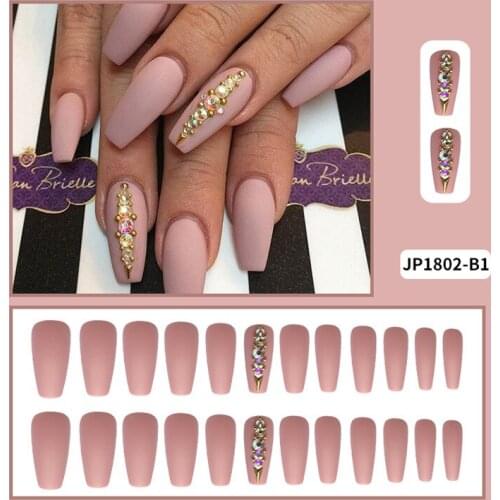 24pcs Nails Patch Glue Type Long Paragraph Fashion with Diamond Manicure Patch False Nails Save Time Nail Patch SANA889