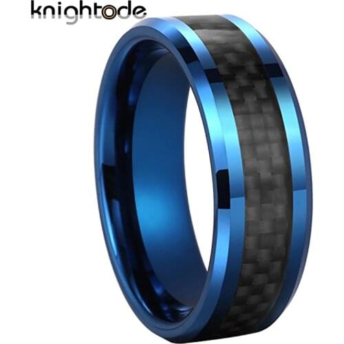 8mm Blue Tungsten Carbide Wedding Band Rings Black Carbon Fiber Inlay For Fashion Men Women Anniversary Engagement Gift Polished