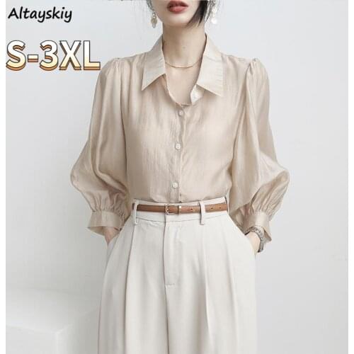 Blouses Women Sun-proof Tender Ladies Turn-down Collar Folds Mature Female Summer French Style Solid Single Breasted Ins Newest