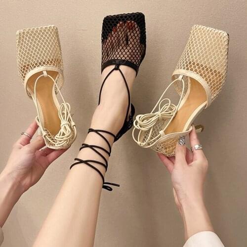 2021 Spring and Summer New Square Head European American Mesh Cross Strap High Heels Fashion Show Roman Sandals Tide