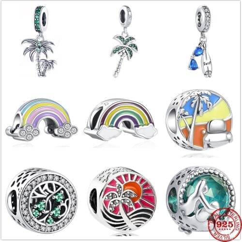 925 Sterling Silver Rainbow Coconut Surfing Mermaid Sunset Dangle Charm bead Fit Original Pandora Bracelet DIY Jewelry For Women