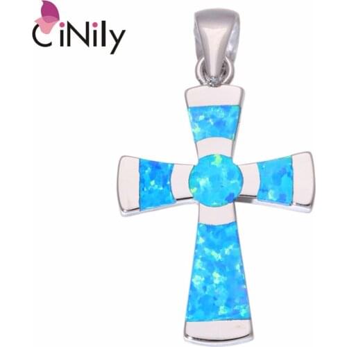 CiNily Created Blue White Fire Opal Silver Plated Wholesale Cross for Women Jewelry Christmas Gift Pendant 1 3/8" OD6789-90