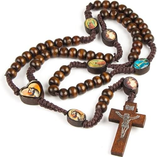Christ Jesus Wooden Beads 8mm Rosary Bead Cross Pendant Woven Rope Chain Necklace Religious Orthodox Praying Jewelry