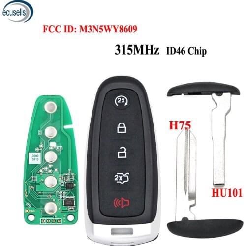 5 Buttons ASK315 MHz ID46 Chip Remote Start Smart Prox Key Fob Transmitter for Ford FCC: M3N5WY8609 with H75 HU101 Small Key