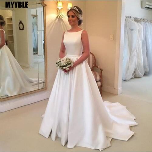 Elegant A-line Wedding Dresses Sleeveless White Ivory Satin Backless Bridal Dress Custom Made vestido de casamento Sweep Train