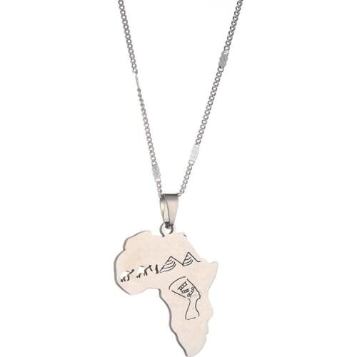 Africa Map with Egyptian Queen Nefertiti Camel Pyramid Pendant Necklaces African Silver Color Jewelry Gifts