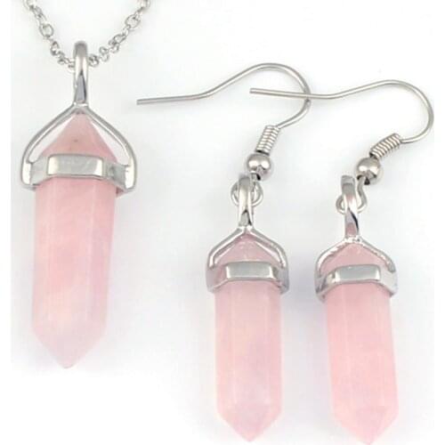 KFT Natural Healing Pendulums Rose Pink Quartz Hexagon Column Pendulum Stone Pendant Necklace Dangle Earrings Jewelry Sets