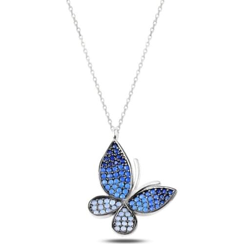 KUTAYDAN Blue Grayscale Nano Cubic Zirconia Butterfly Pendant 925 Sterling Silver