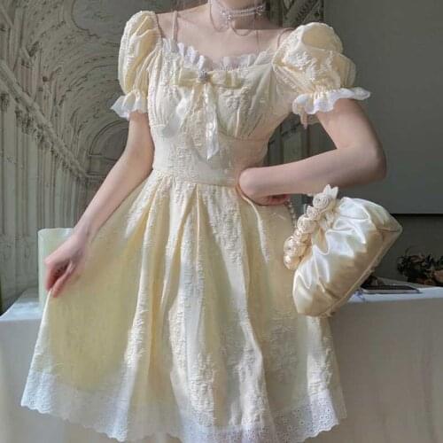 Summer 2021 Women Sweet Korean Princess Lolita Dresses Female Casual Puff Sleeve Lace Up Party Dress Yellow Kawaii Elegant Dres