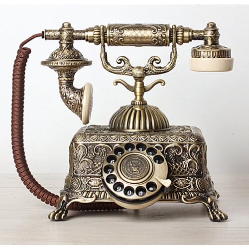 Metal Vintage Antique Telephone Old Fashioned Corded Phone Landline with Rotary Dial for Home Office Decoration, Green Bronze