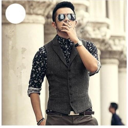2017 Latest Coat Pant Designs Dark Grey Tweed Men Vest Fashion Waistcoat Custom Groom Prom Dinner Vests For Suit Terno Masculino