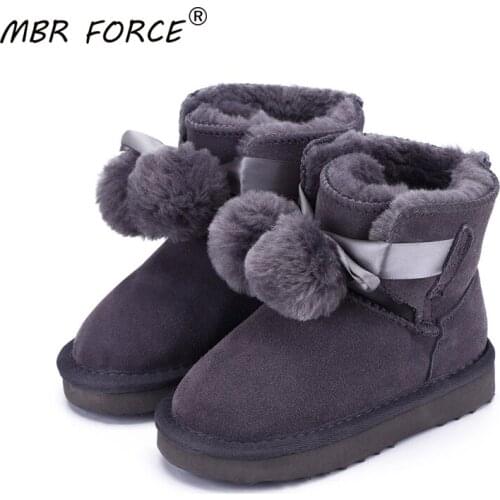 MBR FORCE 2020 New genuine leather fashion girls boys lace-up hairball shoes Children fur lined winter warm All-match snow boots