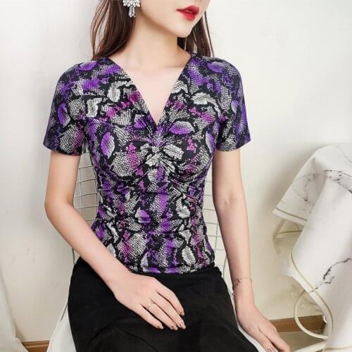 New Summer Sexy Womens V-neck Top Leopard Print Short Sleeve T-shirt Female Club Wear 2021 Women Fashion Clothing