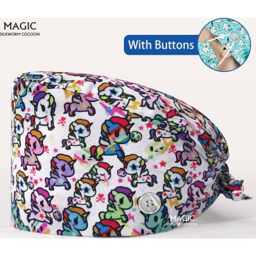 Cotton Cartoon Print Scrubs Hats Beauty Work Hats Pet Grooming Beautician Scrub Cap Dome Hat Multicolor Lab Dental Hospital Hats