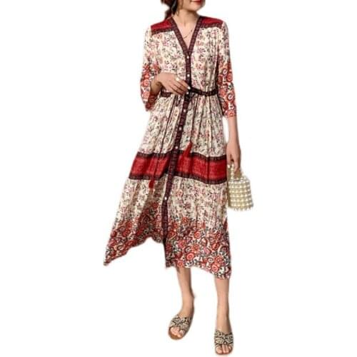PERHAPS U Bohemian Beach Flower Print Chiffon V-Neck Single Breasted Lace Half Sleeve A-Line Maxi Mid Calf Length Holiday D3074