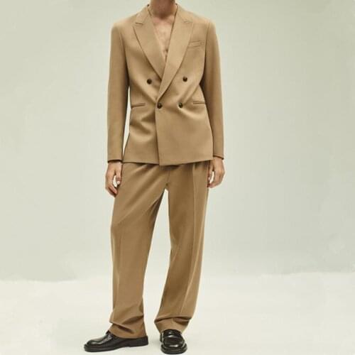 Khaki Double Breasted Tuxedo Wedding Men Suits 2 Pieces Slim Fit Blazer Peak Lapel Costume Homme High Quality (Jacket+Pants)