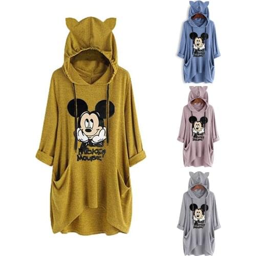 Disney Mickey Mouse long sleeved hooded loose T shirt fashion casual plus size womens t shirt women 2021 Long T shirt