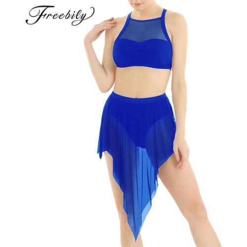 Women Asymmetrical Ballet Tutu Dance Wear Adult Criss-cross Back Crop Top + Skirt Contemporary Lyrical Dance Costumes Ballerina