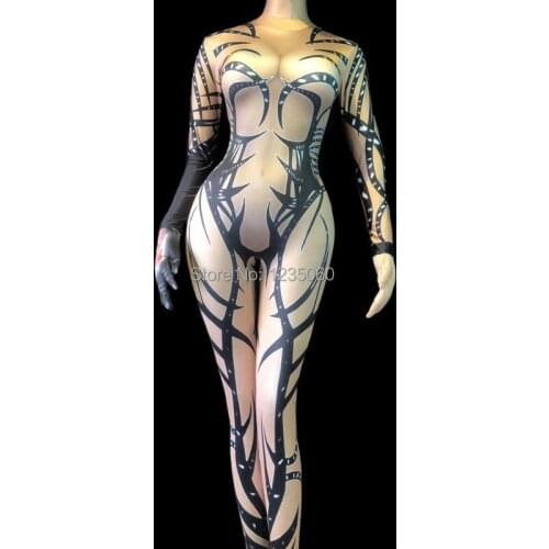 Female Pole Dancing Costume Sexy Bar Dancer DJ DS Show Stage Wear 3D Printing Stretch Skinny Jumpsuit Spandex Leotard Bodysuits