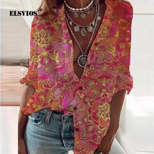 Vintage Floral Print Women Blouse Turn-down Collar Long Sleeve Buttons Tops 2021 Spring Summer Lady New Loose Office Blouses 5XL