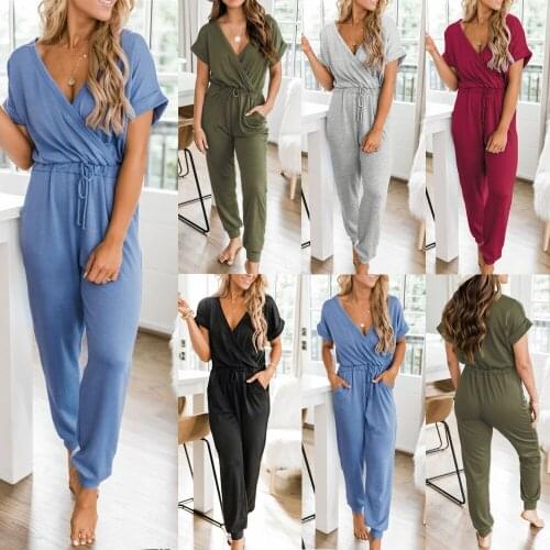 Women Solid Short Sleeve V Neck Jumpsuit Lace Up Decor Pocket Lady Casual Slim Rompers Work Office Long Overall Grey Playsuits