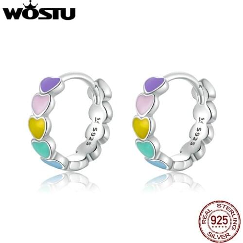 WOSTU Authentic 925 Sterling Silver Rainbow Love Hoop Earrings Designer Earring For Women Girl Luxury Crystal Fine Jewelry Gift