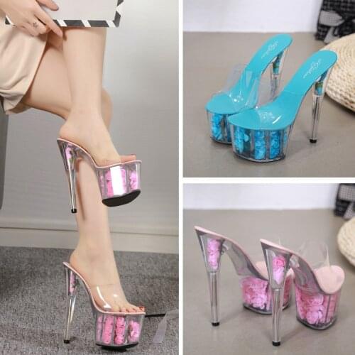 Platform Women Slippers Shoes Thin Heel Ultra High Heels 17CM Flowers Transparent Crystal Sandals Shoes Female Shoes Slippers