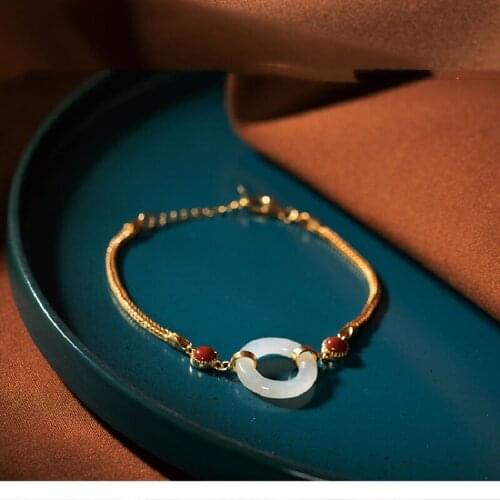 S925 Sterling Silver Natural Hetian Jade White Jade Safe Buckle Inlaid With Natural Southern Red Agate Ladies Bracelet