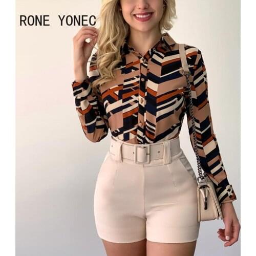 Women Chic Elegant Geometric pattern Long Sleeves button Straight Blazer Blouse