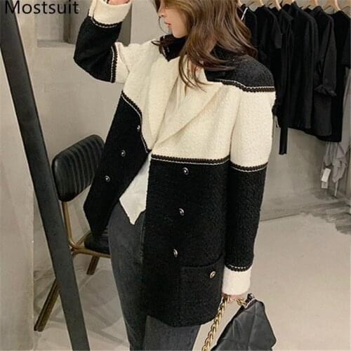 Color-blocked Tweed Women Blazer Coat 2021 Spring Autumn Full Sleeve Stylish Single-breasted Jacket Vintage Elegant Tops Femme