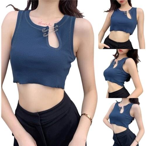 2021 Fashion Womens Sleeveless Crop Tops Sexy Cutout Solid Color Rib Knit Tank Stylish Hollow Summer Vest with Safety Pin Decor