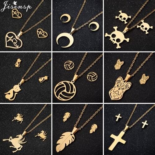Gold Stainless Steel Jewelry Sets Punk Basketball Heartbeat Necklace Earrings for Women Fashion Cat Horse Earings Gift New 2021