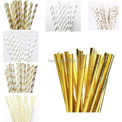 25pcs Eco-friendly Foil Silver/Gold Paper Straws For Wedding Party Kids Birthday Party Decoration Supplies