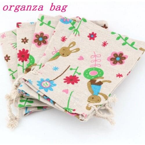 50pcs Cute bunny Pattern Linen Fabric Drawstring bags Candy Jewelry Gift Bag Cotton Linen Drawstring Bundle Bags 10x14cm