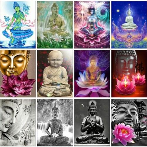 Huacan 5d Diy Diamond Painting Buddha Home Decor Embroidery Mosaic Lotus Religion Diamond Art