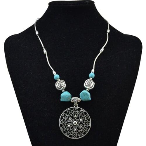Bohemian Antique Chain Carved Flower Blue Stone Necklaces for Women Ethnic Tribal Party Necklace Jewelry bijoux femme